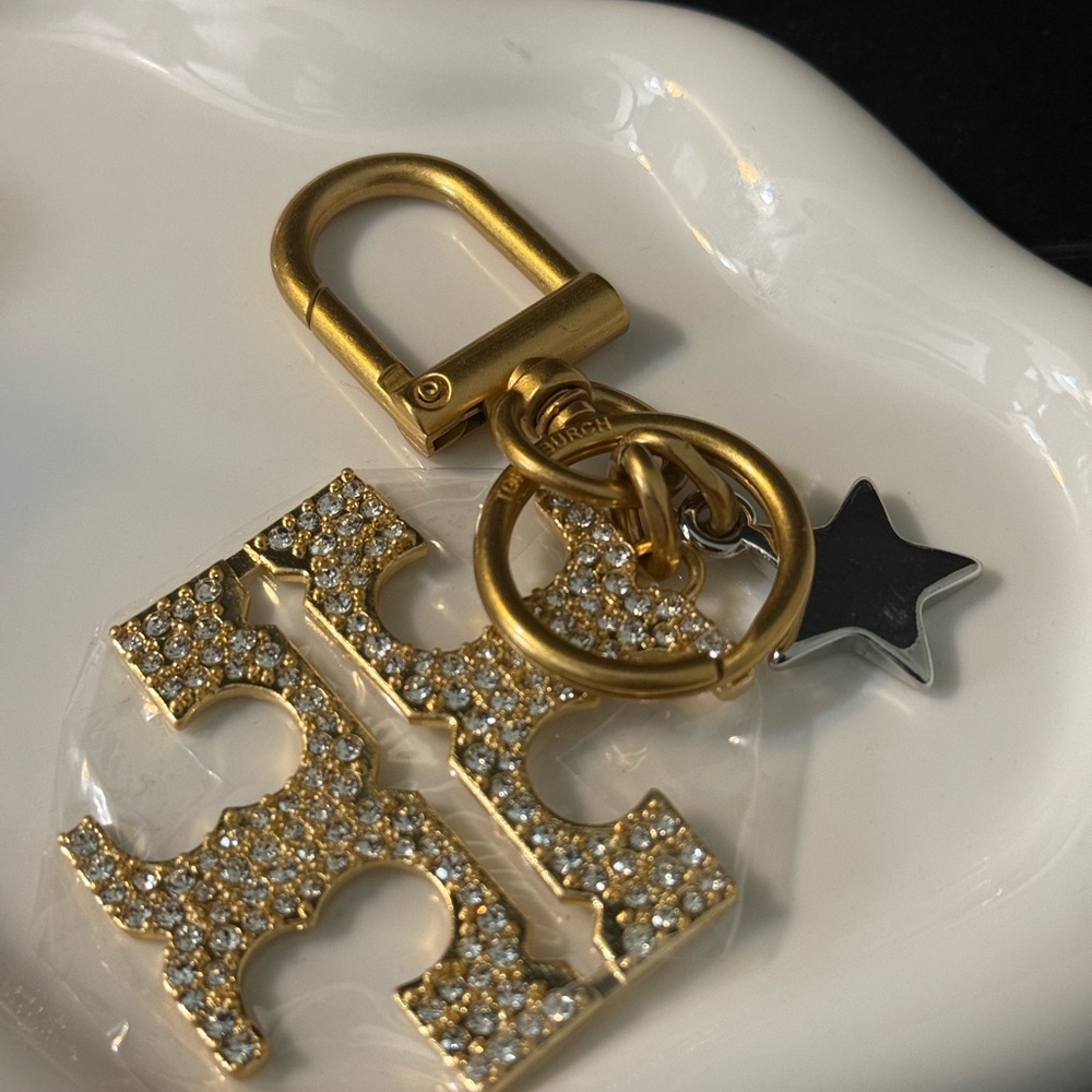 Tory Burch Kira Pave Crystal Logo Keychain Bag Charm with Star Charm